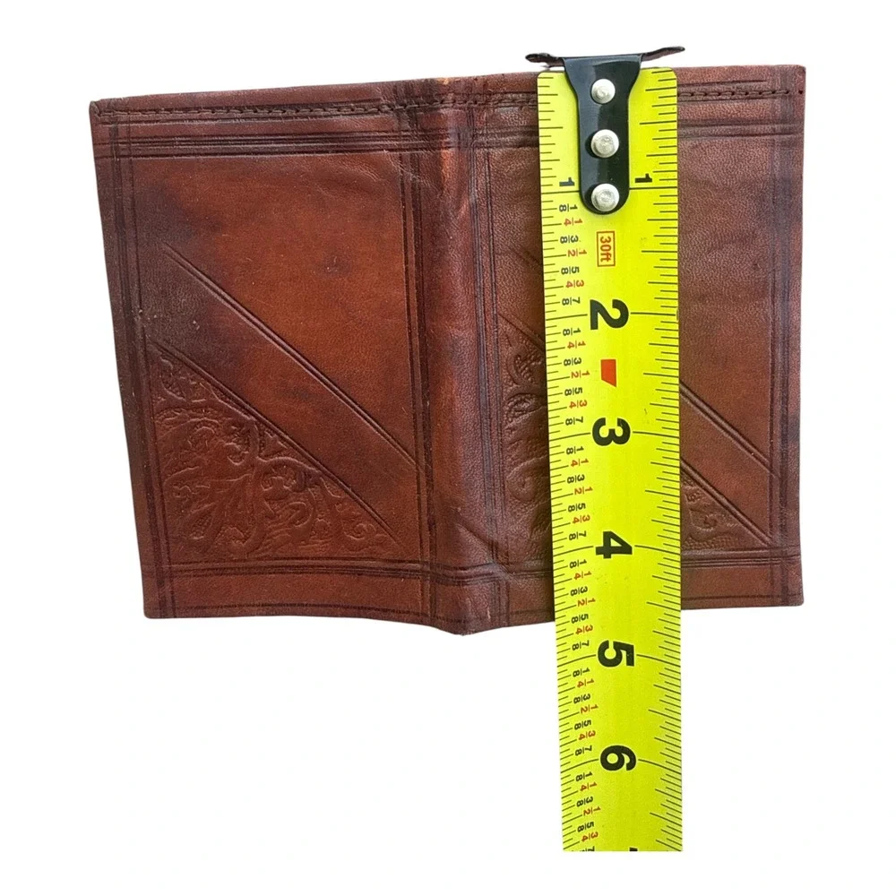 Vintage Tooled Leather Bifold Wallet Brown Boho Western Artisan Handmade